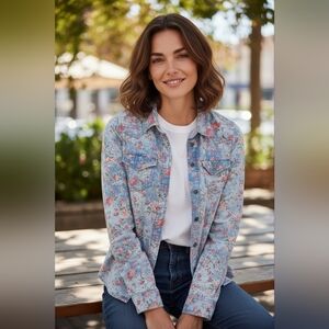 Bulkhead Black Floral Chambray Button Up Shirt XS Blue Pink Western Style